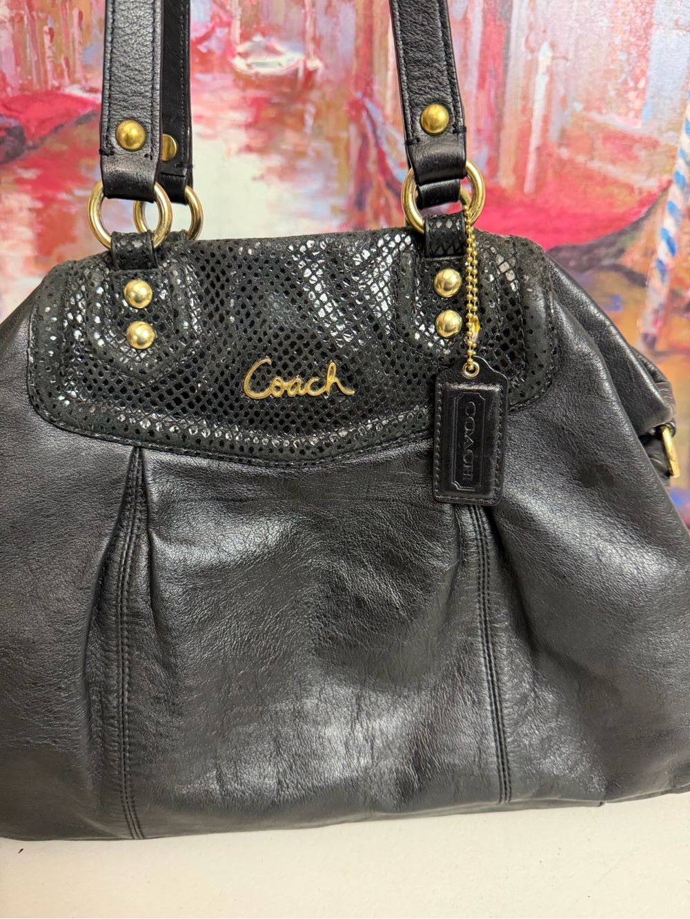 Coach Ashley F19243 Black Leather Python Embossed Carryall Satchel